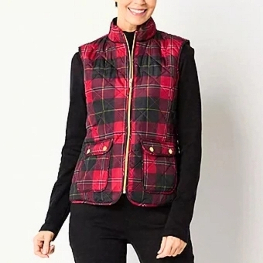 NWOT St. John's Bay Quilted Vest Zip & Snap Pockets Red Plaid Plus Sz.0X